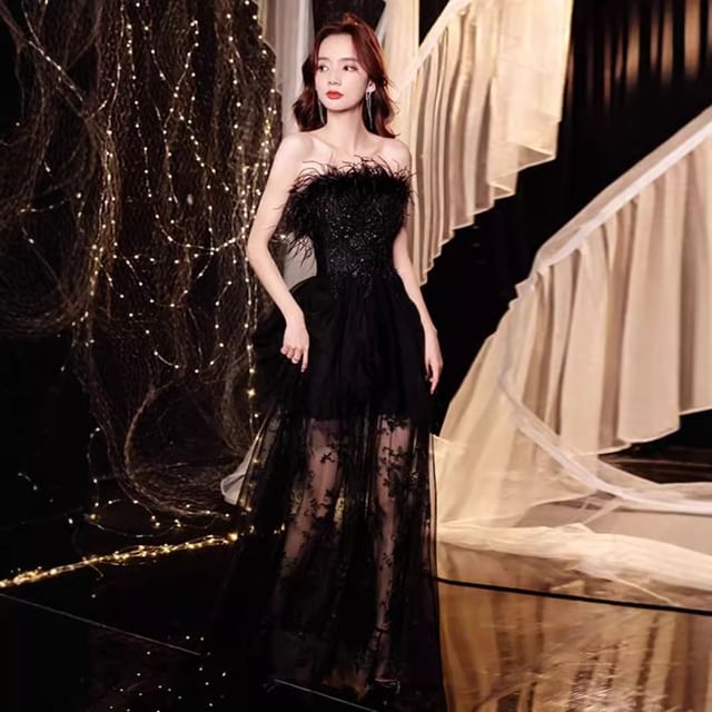 Strapless Sequin Lace Panel Feather Trim A-Line Evening Gown