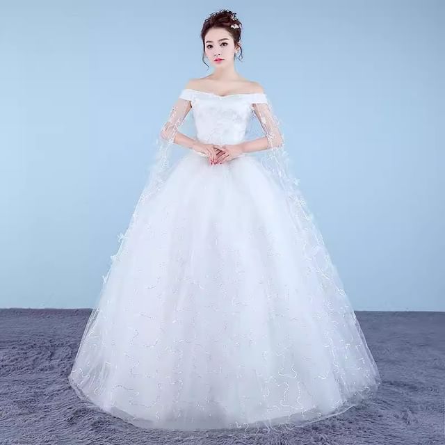 Off-Shoulder Floral Sequin Ball Gown