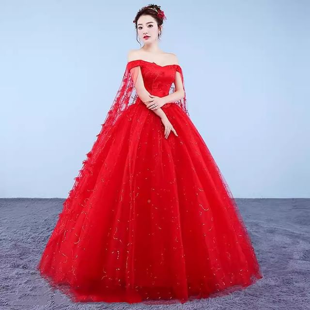 Off-Shoulder Floral Sequin Ball Gown