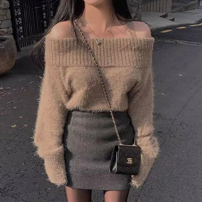 Cold-Shoulder Plain Fluffy Sweater