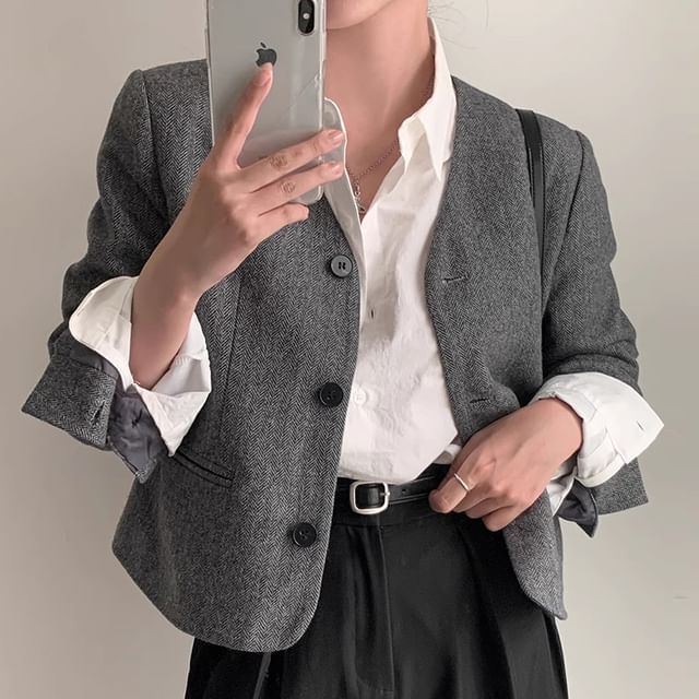 V-Neck Plain Single-Breasted Blazer