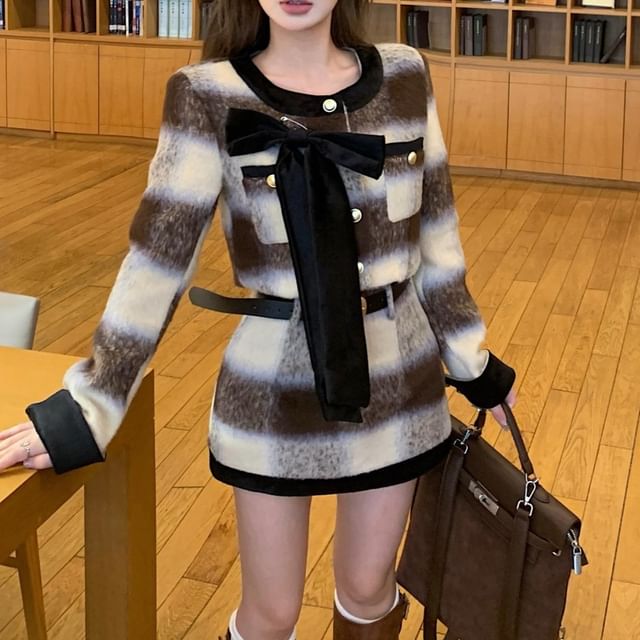 Plaid Skirt High Mini Crew Crop Rise Button-Up Contrast Trim / Bow Jacket Accent Neck Pencil