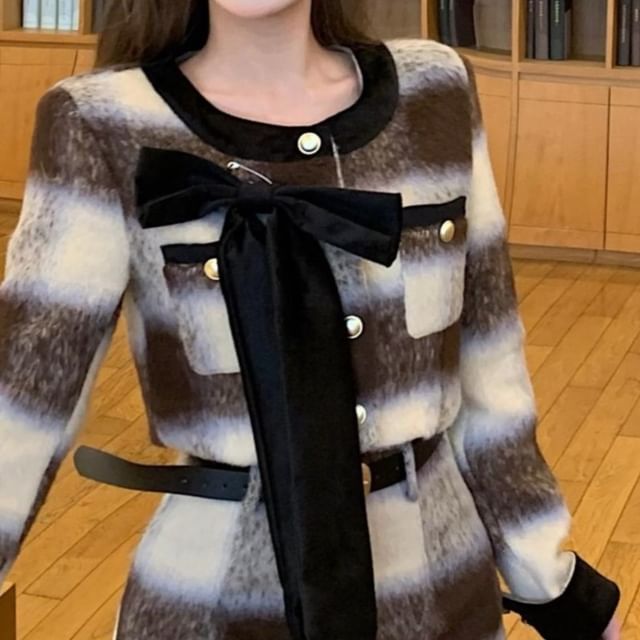 Plaid Skirt High Mini Crew Crop Rise Button-Up Contrast Trim / Bow Jacket Accent Neck Pencil