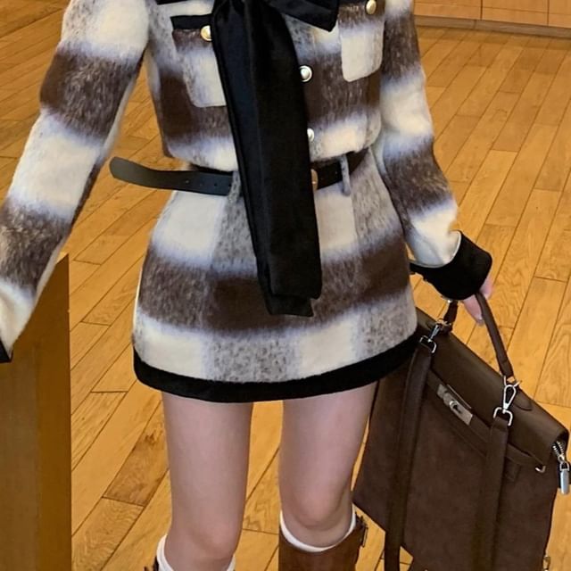 Plaid Skirt High Mini Crew Crop Rise Button-Up Contrast Trim / Bow Jacket Accent Neck Pencil