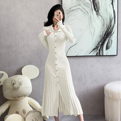 Long-Sleeve Collar Plain Ribbed Midi Sweater Dress