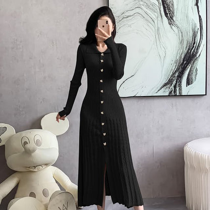 Long-Sleeve Collar Plain Ribbed Midi Sweater Dress