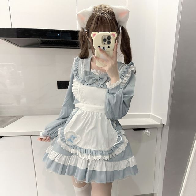 Set: Long-Sleeve Sailor Collar Two Tone Bow Accent Lace Trim Mini A-Line Dress + Apron