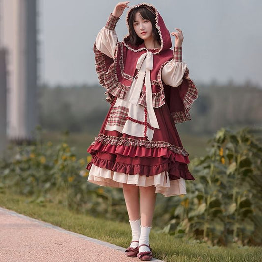 Long-Sleeve Crew Neck Plaid Panel Ruffle Trim Midi A-Line Dress / Hooded Tie Front Cape / Headkerchief / Set