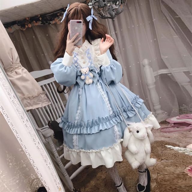 Long-Sleeve Stand Collar Two Tone Frill Trim A-Line Dress / Bow / Lace Trim Headband / Set