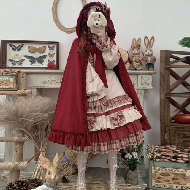 Long-Sleeve Stand Collar Plaid Panel Bow Accent Frill Trim Midi A-Line Dress / Hooded Cape / Headband / Apron / Set