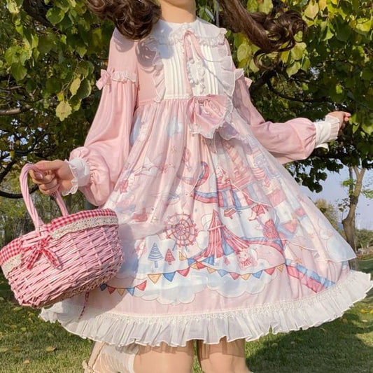 Long-Sleeve Peter Pan Collar Cartoon Print Bow Accent Frill Trim Pintuck A-Line Dress / Headband / Set