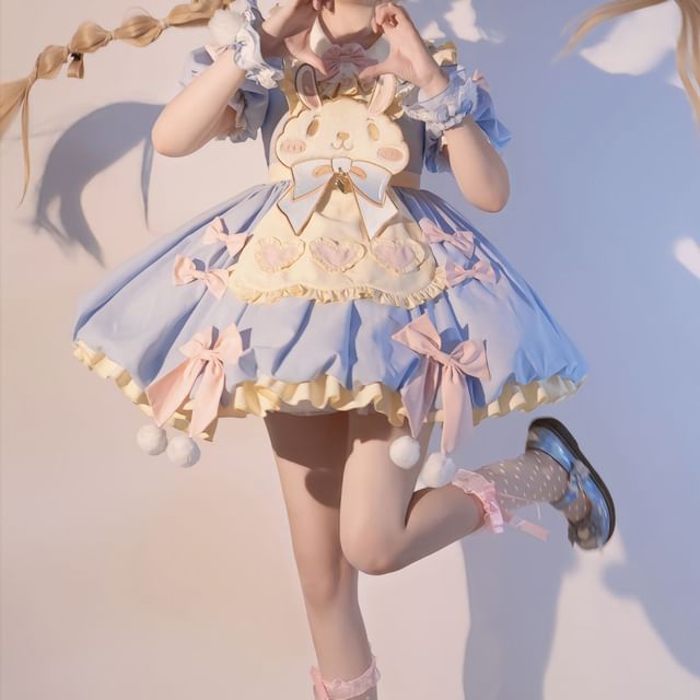 Short-Sleeve Peter Pan Collar Two Tone Layered Mini A-Line Dress / Long-Sleeve Dress / Rabbit Apron / Bow / Set