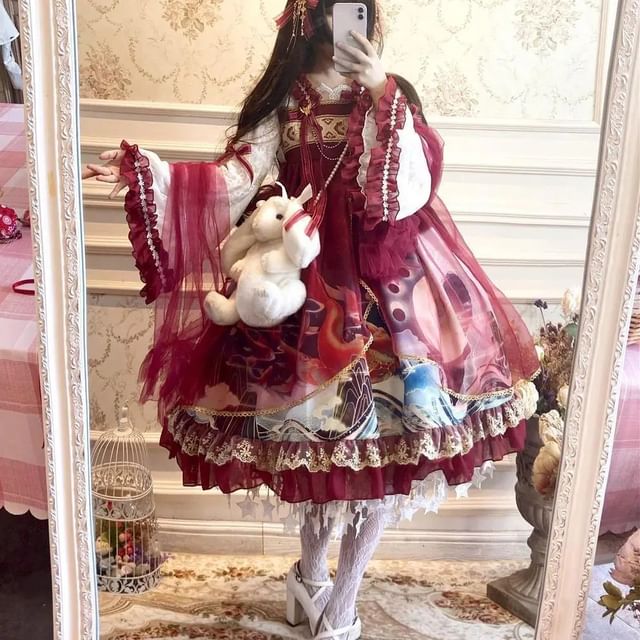 Long-Sleeve Square Neck Dragon Print Mesh Panel Bow Accent Frill Trim Midi A-Line Dress / Shawl / Set