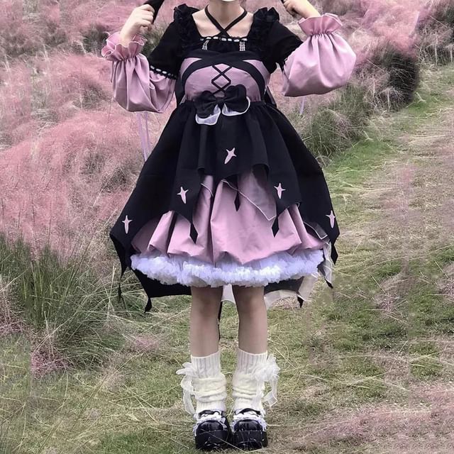 Sleeveless Two Tone Star Print Ruffle Trim Layered High Low A-Line Dress / Long-Sleeve Halter Neck Blouse / Bow / Headband / Set