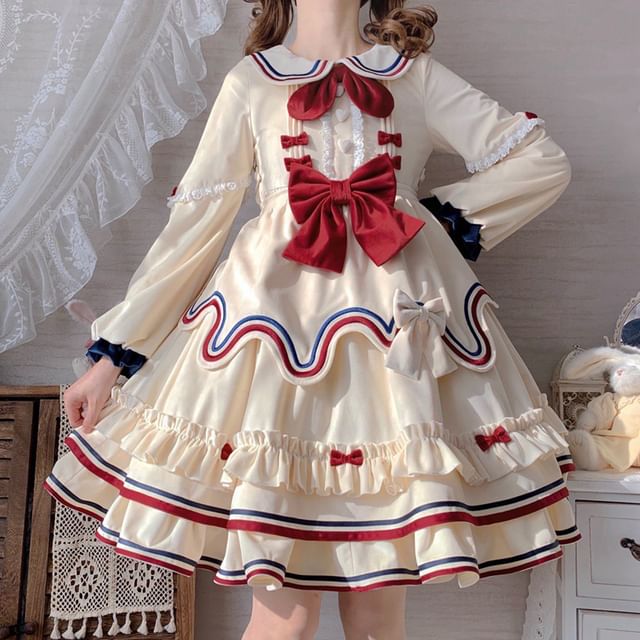 Long-Sleeve Peter Pan Collar Bow Accent Lace Trim A-Line Dress / Half Apron / Set