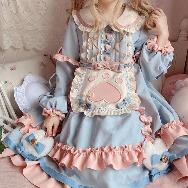 Long-Sleeve Peter Pan Collar Color Block Frill Trim A-Line Dress / Bow / Half Apron / Headband / Set