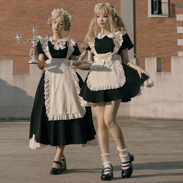 Short-Sleeve Peter Pan Collar Mock Two-Piece Two Tone Lace Trim Mini A-Line Dress / Bow / Arm Sleeves / Set