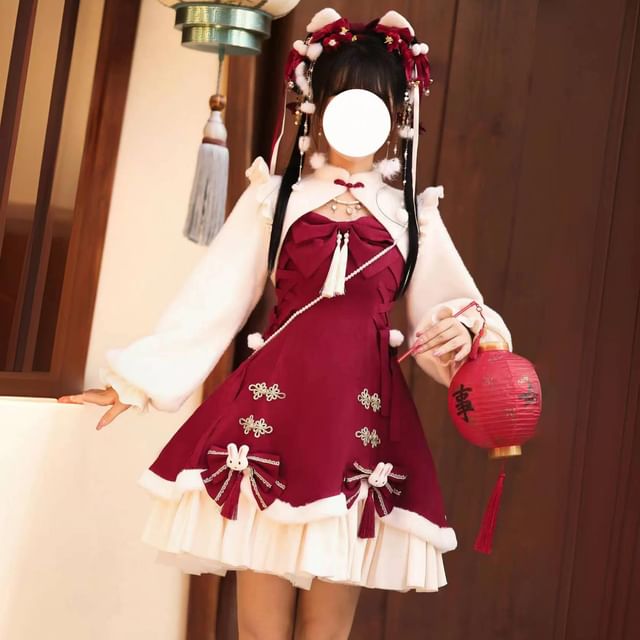 Spaghetti Strap Bow Accent Tassel Layered Lace-Up Mini A-Line Dress / Stand Collar Plain Ruffle Trim Frog Buttoned Shrug / Set