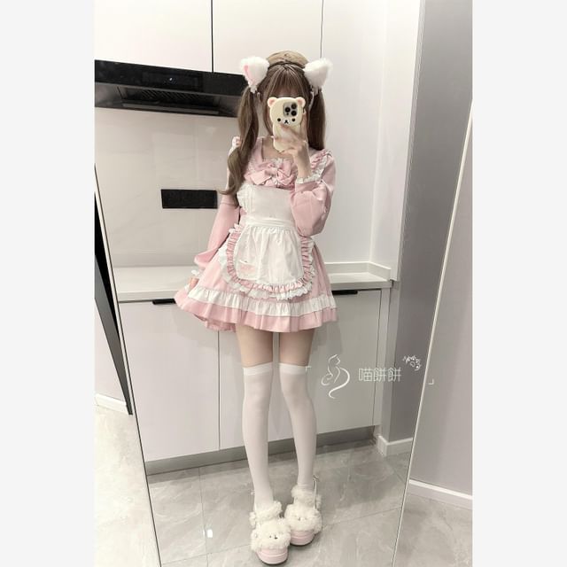 Set: Long-Sleeve Sailor Collar Two Tone Bow Accent Lace Trim Mini A-Line Dress + Apron