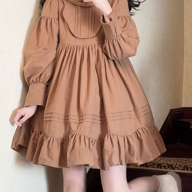 Long-Sleeve Crew Neck Plain Frill Trim Pintuck Ruffle Hem Tunic Dress / Peter Pan Collar Bow Accent Lace Trim Tie Back Dungaree Dress / Set