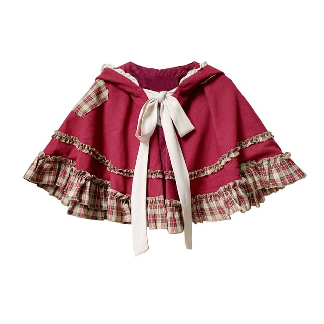 Long-Sleeve Crew Neck Plaid Panel Ruffle Trim Midi A-Line Dress / Hooded Tie Front Cape / Headkerchief / Set