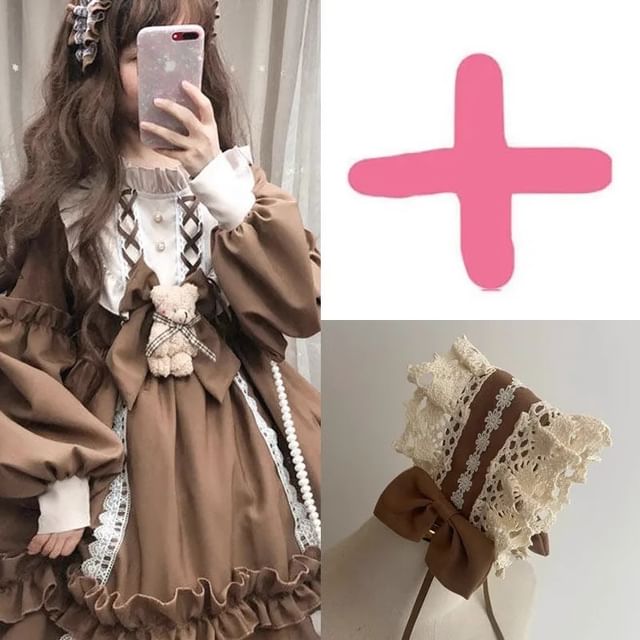 Long-Sleeve Stand Collar Two Tone Frill Trim A-Line Dress / Bow / Lace Trim Headband / Set