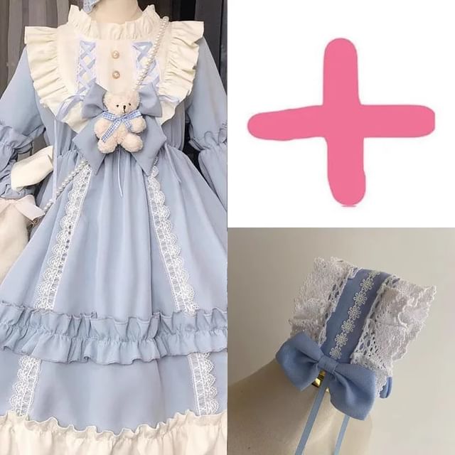 Long-Sleeve Stand Collar Two Tone Frill Trim A-Line Dress / Bow / Lace Trim Headband / Set