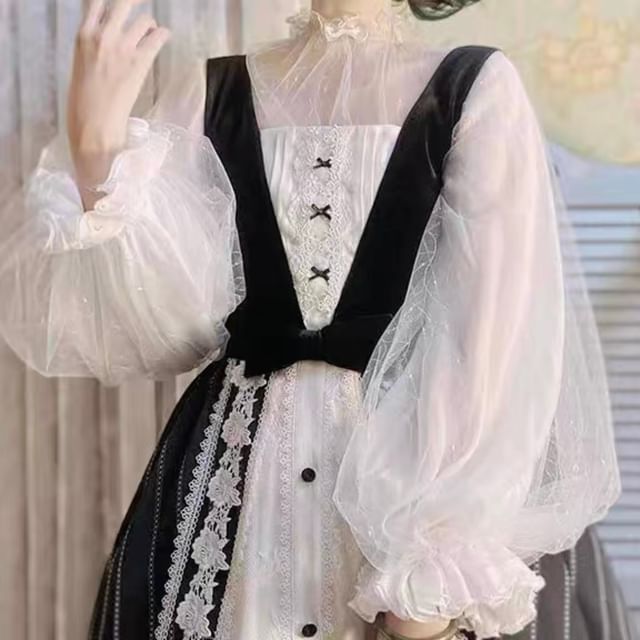 Long-Sleeve Stand Collar Glitter See-Through Mesh Crop Blouse