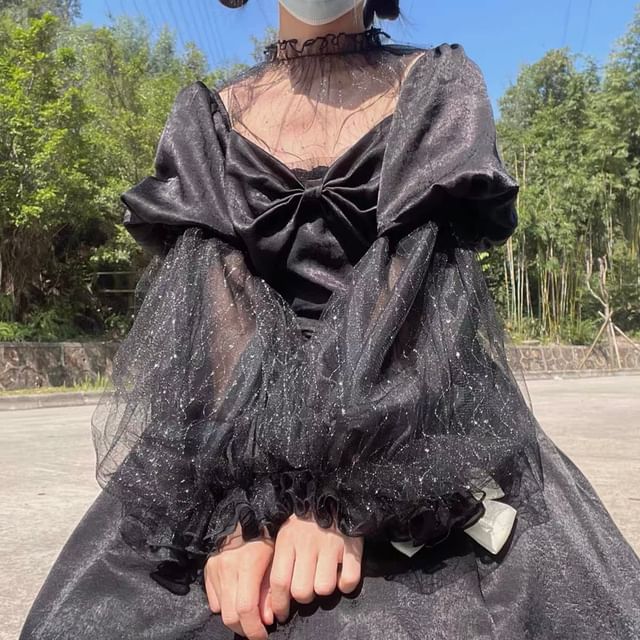 Long-Sleeve Stand Collar Glitter See-Through Mesh Crop Blouse