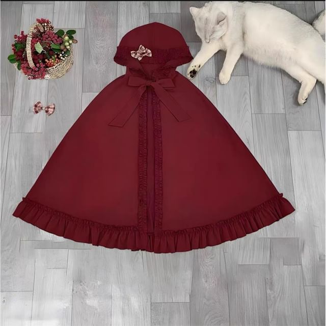 Long-Sleeve Stand Collar Plaid Panel Bow Accent Frill Trim Midi A-Line Dress / Hooded Cape / Headband / Apron / Set
