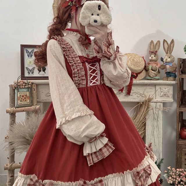Long-Sleeve Stand Collar Plaid Panel Bow Accent Frill Trim Midi A-Line Dress / Hooded Cape / Headband / Apron / Set