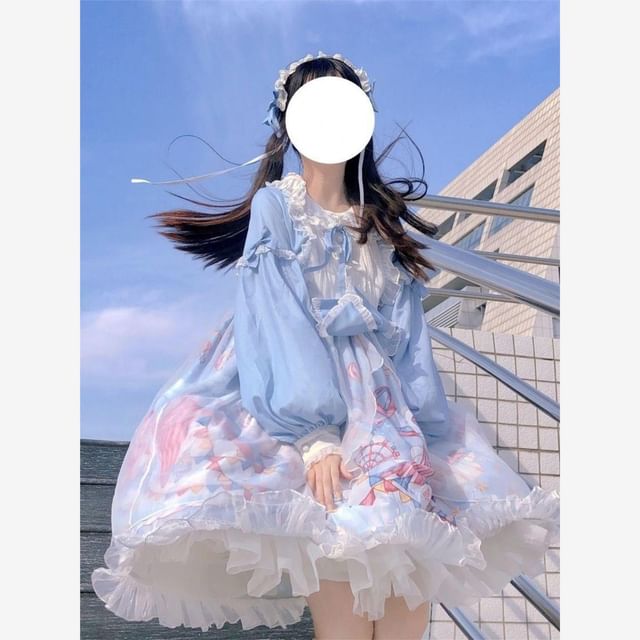 Long-Sleeve Peter Pan Collar Cartoon Print Bow Accent Frill Trim Pintuck A-Line Dress / Headband / Set