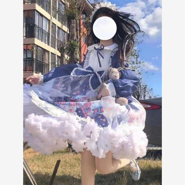 Long-Sleeve Peter Pan Collar Cartoon Print Bow Accent Frill Trim Pintuck A-Line Dress / Headband / Set