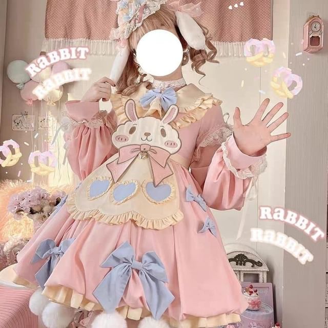 Short-Sleeve Peter Pan Collar Two Tone Layered Mini A-Line Dress / Long-Sleeve Dress / Rabbit Apron / Bow / Set