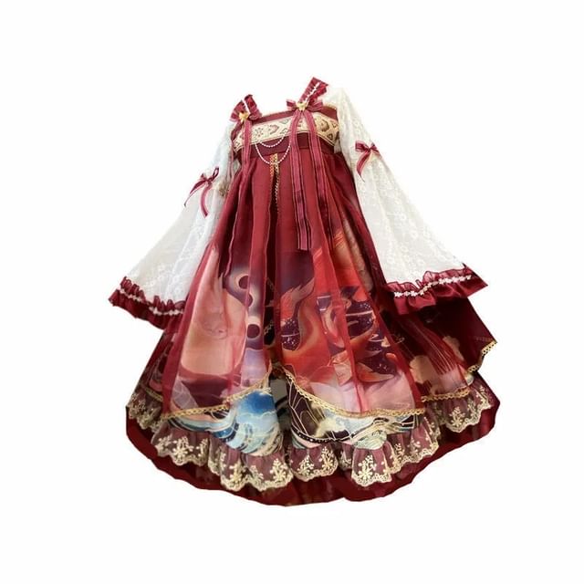 Long-Sleeve Square Neck Dragon Print Mesh Panel Bow Accent Frill Trim Midi A-Line Dress / Shawl / Set