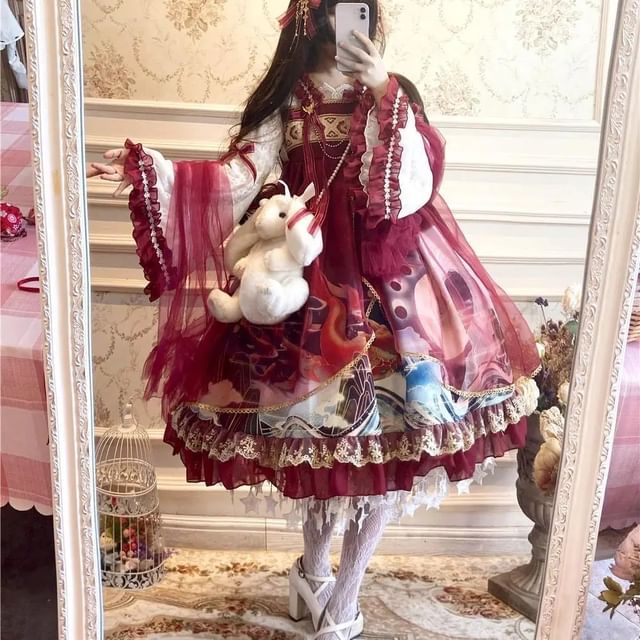 Long-Sleeve Square Neck Dragon Print Mesh Panel Bow Accent Frill Trim Midi A-Line Dress / Shawl / Set