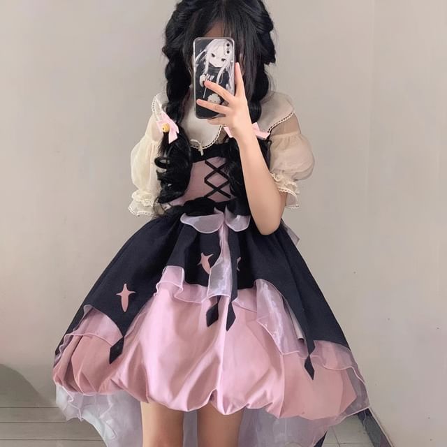 Sleeveless Two Tone Star Print Ruffle Trim Layered High Low A-Line Dress / Long-Sleeve Halter Neck Blouse / Bow / Headband / Set