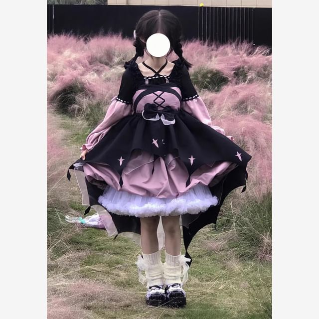 Sleeveless Two Tone Star Print Ruffle Trim Layered High Low A-Line Dress / Long-Sleeve Halter Neck Blouse / Bow / Headband / Set