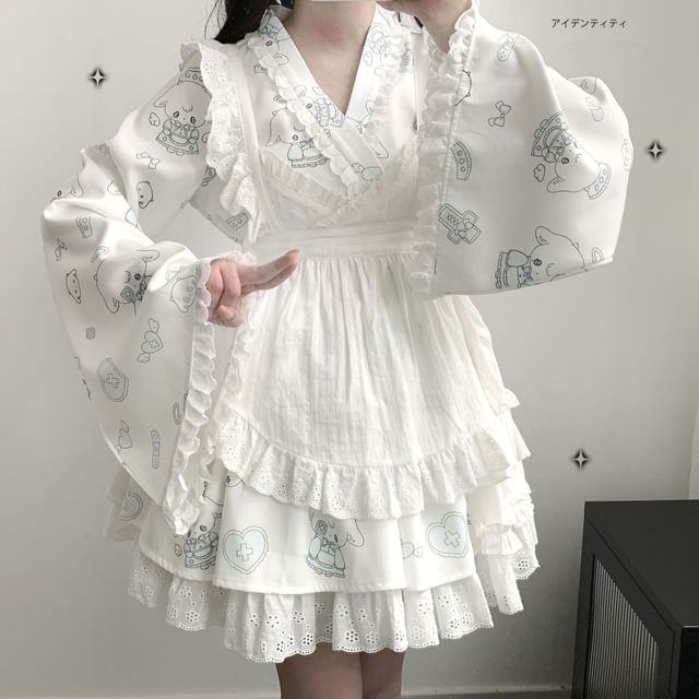 Set: Long-Sleeve V-Neck Cartoon Print Lace Trim Wrap Crop Blouse + High Waist Layered A-Line Skirt + Apron