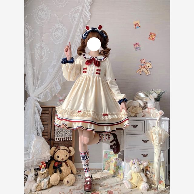 Long-Sleeve Peter Pan Collar Bow Accent Lace Trim A-Line Dress / Half Apron / Set