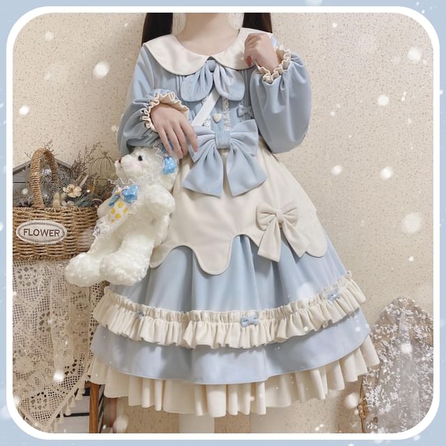 Long-Sleeve Peter Pan Collar Bow Accent Lace Trim A-Line Dress / Half Apron / Set