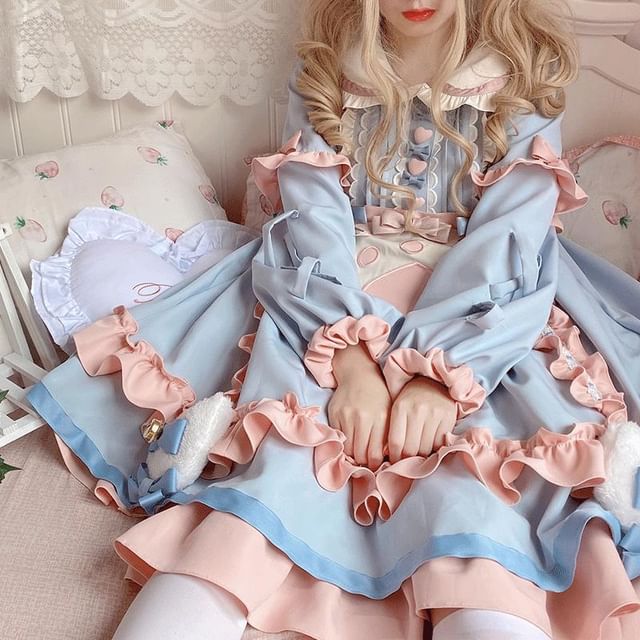 Long-Sleeve Peter Pan Collar Color Block Frill Trim A-Line Dress / Bow / Half Apron / Headband / Set