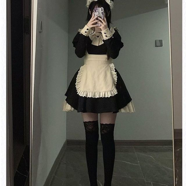 Short-Sleeve Peter Pan Collar Mock Two-Piece Two Tone Lace Trim Mini A-Line Dress / Bow / Arm Sleeves / Set