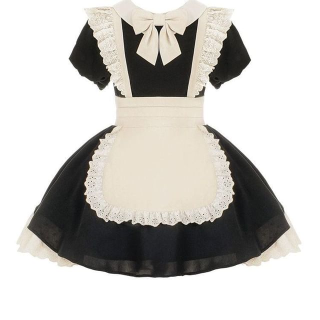 Short-Sleeve Peter Pan Collar Mock Two-Piece Two Tone Lace Trim Mini A-Line Dress / Bow / Arm Sleeves / Set
