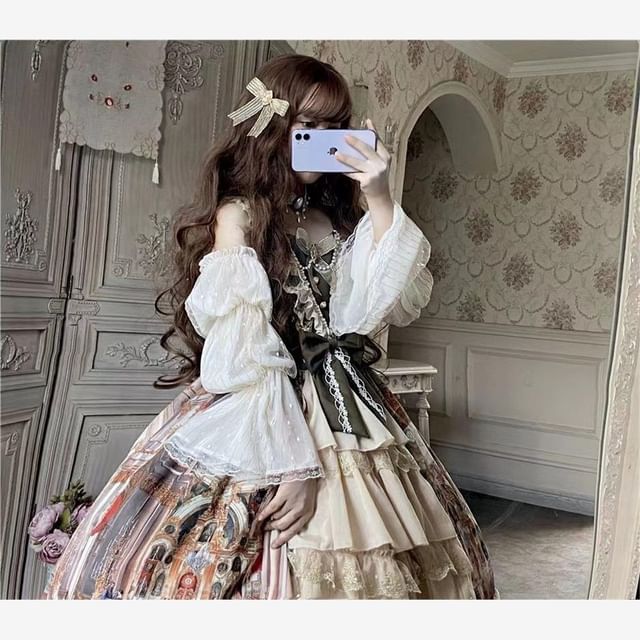 Cap-Sleeve Square Neck Print Lace Panel Bow Accent Tiered Midi A-Line Dress / Arm Sleeves / Set