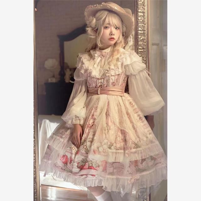 Long-Sleeve Stand Collar Strawberry Print Sheer Panel Bow Accent Ruffle Trim A-Line Dress / Straw Hat / Set