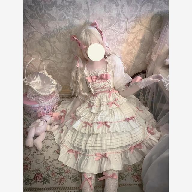 Square Neck Bow Accent Frill Trim Pintuck Tiered A-Line Overall Dress