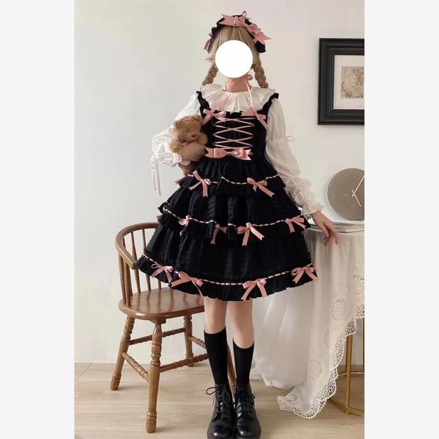 Square Neck Bow Accent Frill Trim Pintuck Tiered A-Line Overall Dress