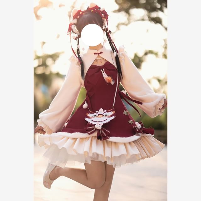 Spaghetti Strap Bow Accent Tassel Layered Lace-Up Mini A-Line Dress / Stand Collar Plain Ruffle Trim Frog Buttoned Shrug / Set