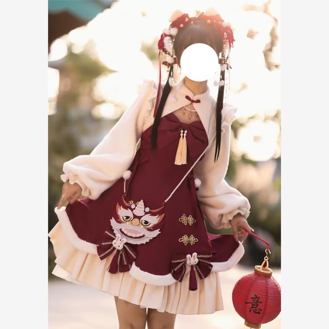 Spaghetti Strap Bow Accent Tassel Layered Lace-Up Mini A-Line Dress / Stand Collar Plain Ruffle Trim Frog Buttoned Shrug / Set